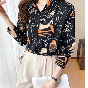 Turn-down Collar Long Sleeve Casual All-match Simplicity Loose Abstract Chiffon Tops