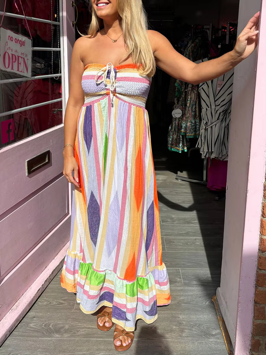 Vintage Bohemian Sleeveless Drawstring Loose Strapless Long Dress