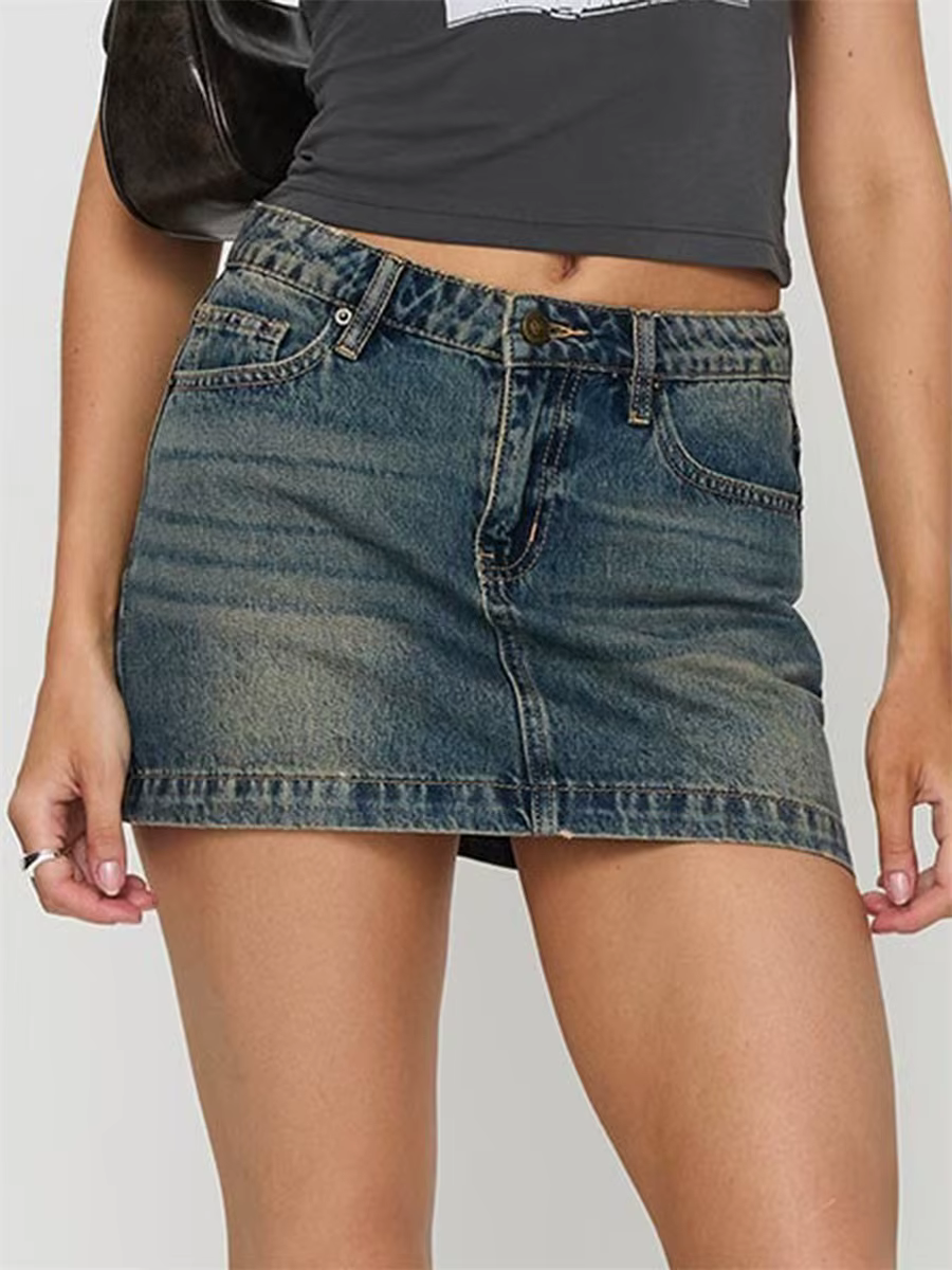 Vintage Button With Pockets High Waist Back Bow Print Slim Fit Short Mini Skirts