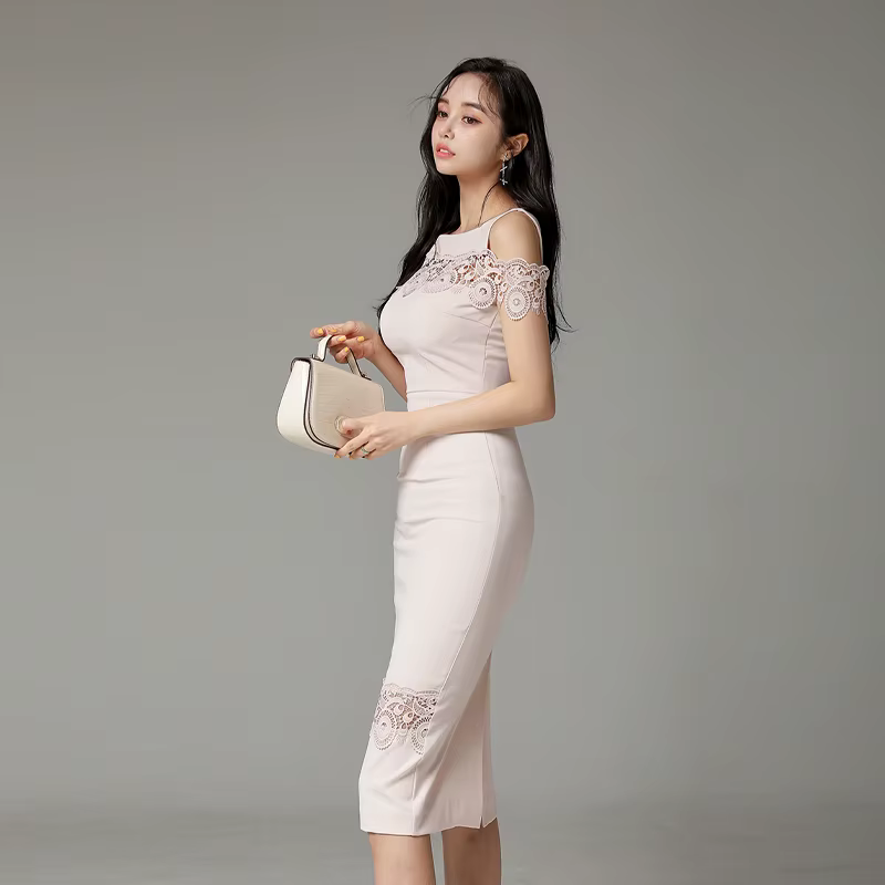 Vintage Hook Flower Hollow Slim Lace Sheath Pencil Knee Length Dress - Image 6