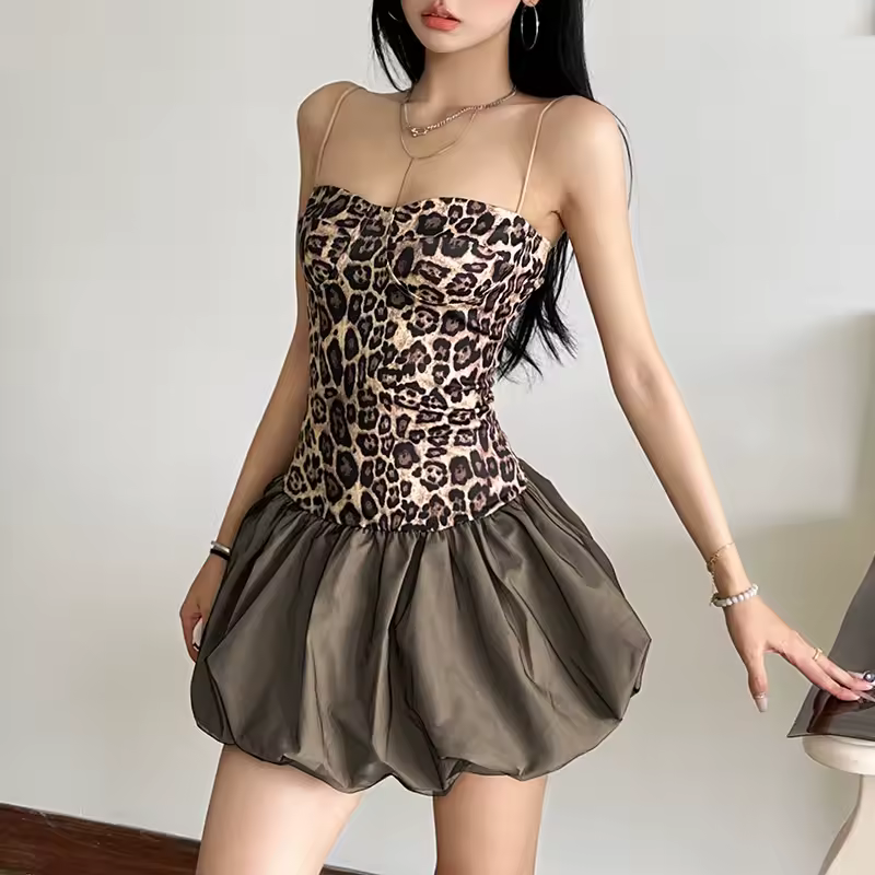 Vintage Leopard Print Patchwork Slim Off Shoulder Bubble Tube Mini Dress