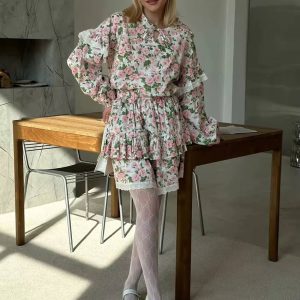 Vintage Long Sleeve Shirt With High Waist Pleated Mini Skirt Loose Print 2 Piece Sets