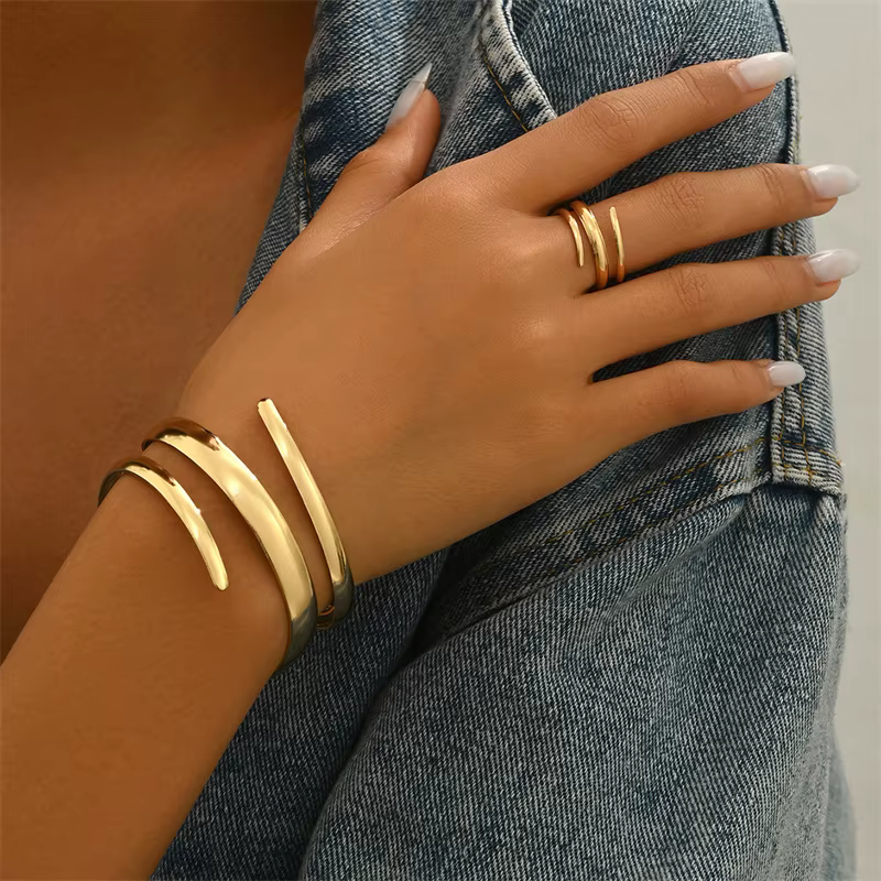 Vintage Metal Line Geometric Three-layer Bracelet Ring Jewelry Set