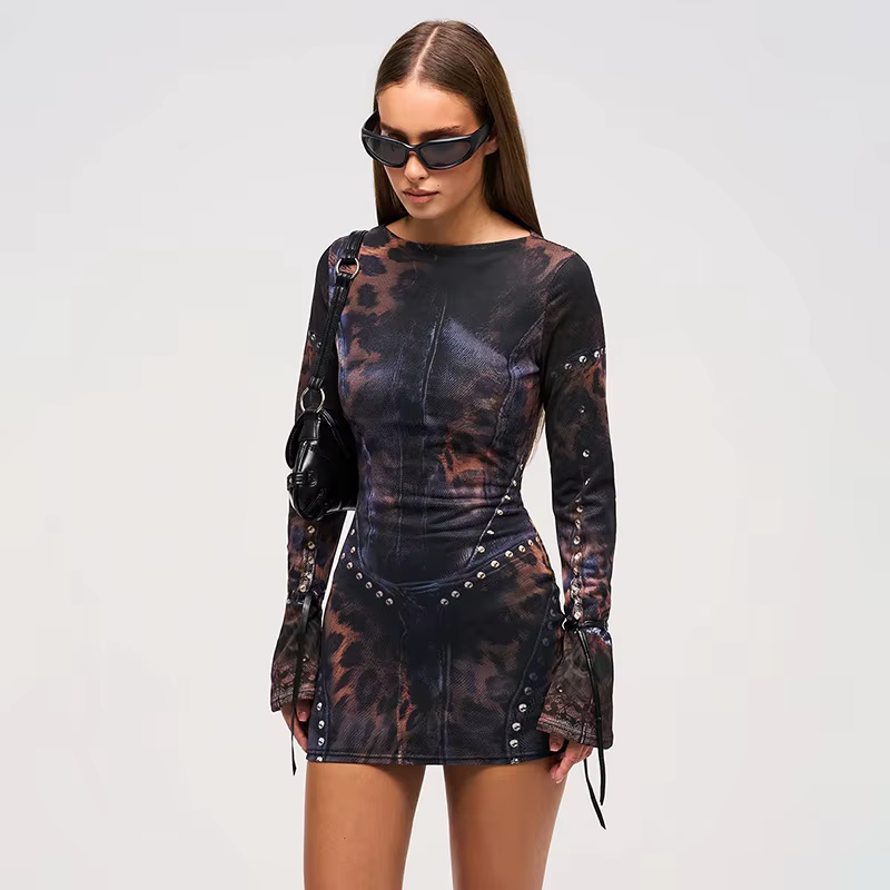 Vintage Pullover Dropped Sheath Printing Full Sleeve Bodycon Mini Dress - Image 2