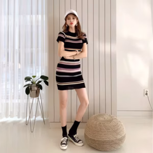 Vintage Pullover Stripe Sheath Elastic Knitted Bodycon Mini Dress