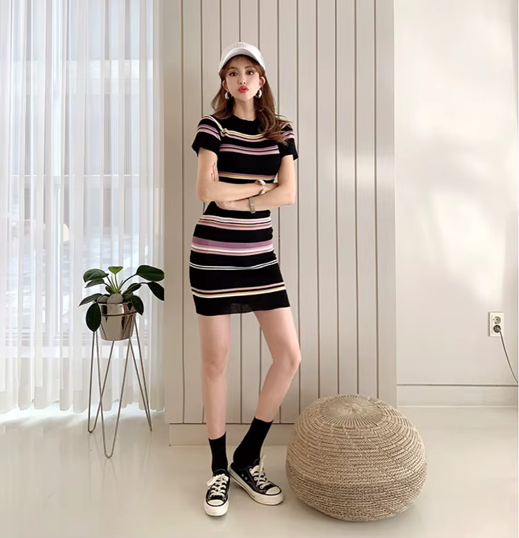 Vintage Pullover Stripe Sheath Elastic Knitted Bodycon Mini Dress