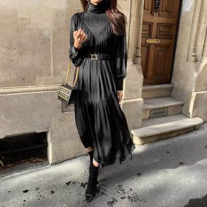 Vintage Sashes Turtleneck Long Sleeve A-line Mid-Long Dress