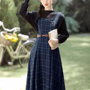 Vintage Single Breasted Spaghetti Strap Woolen With Belt Plaid Midi Dress