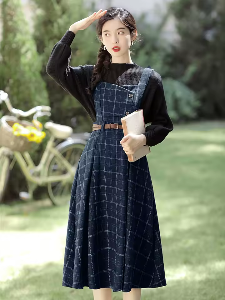 Vintage Single Breasted Spaghetti Strap Woolen With Belt Plaid Midi Dress