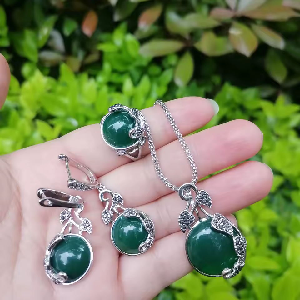 Vintage Vine Leaf Earrings Necklace Ring With Stone Jewelry Set Of 3 Pcs