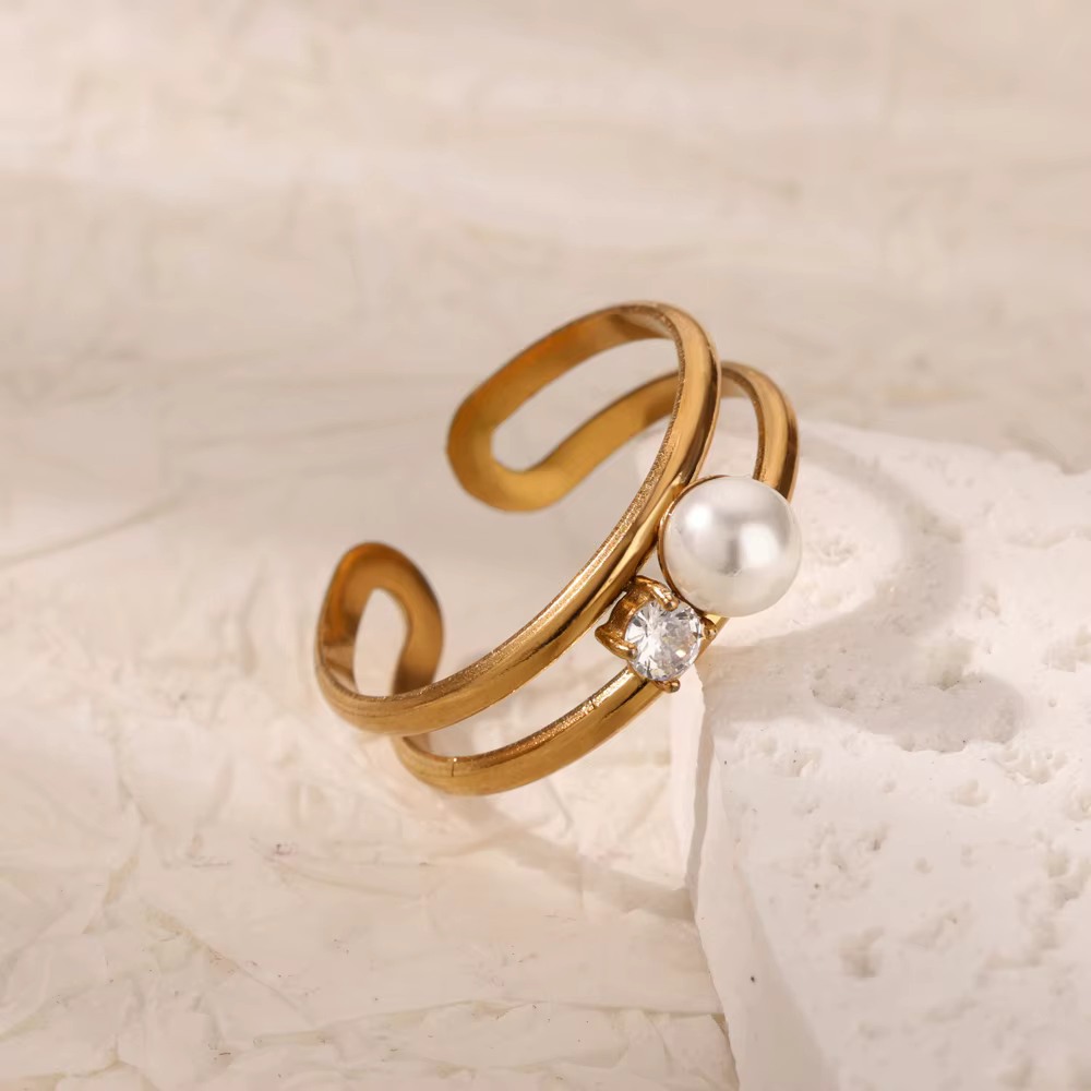 Zircon Pearl Stainless Steel Opening Geometric Party Christmas Wedding Double Ring
