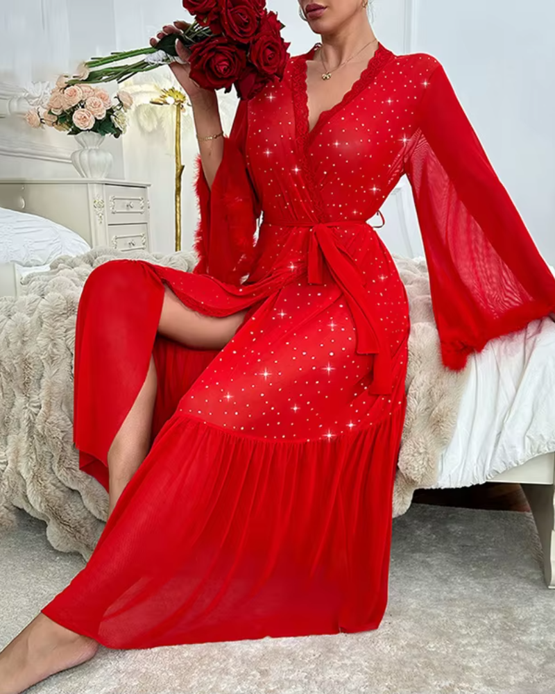 Elegant Long Sleeved Plush Sequined V-neck Shining Night Robe - Image 5