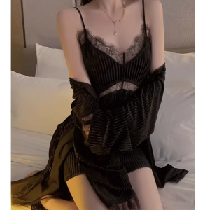 Suspender Simple Lace-up Robe Nightgown Underwear Pajamas Set