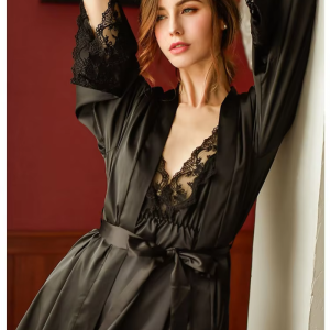 Lace openwork ice silk sling V-neck halter robe and nightdress set