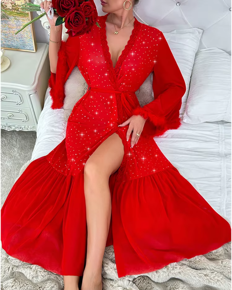 Elegant Long Sleeved Plush Sequined V-neck Shining Night Robe - Image 8