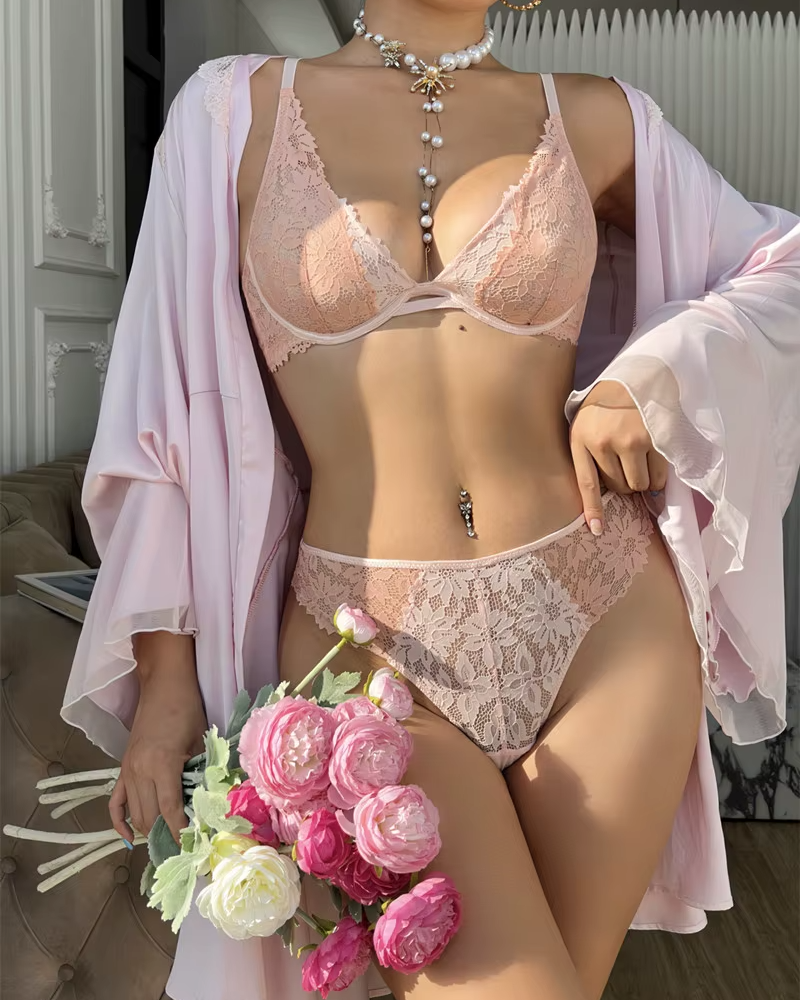 Fashion Lace Embroidery Deep V Ultrathin Bralette Push Up Bra Set - Image 8