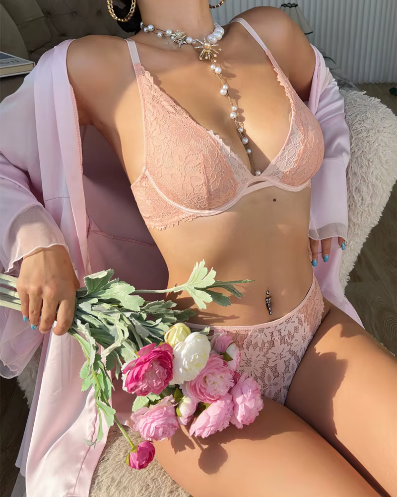 Fashion Lace Embroidery Deep V Ultrathin Bralette Push Up Bra Set - Image 3