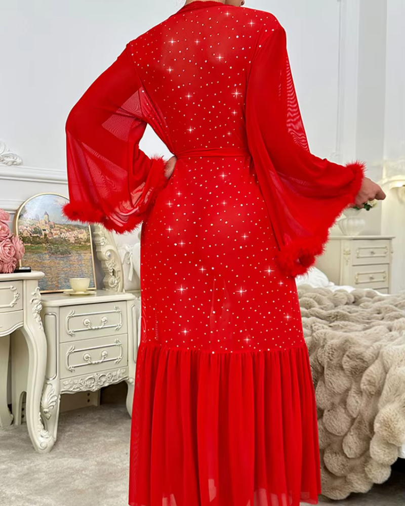Elegant Long Sleeved Plush Sequined V-neck Shining Night Robe - Image 7