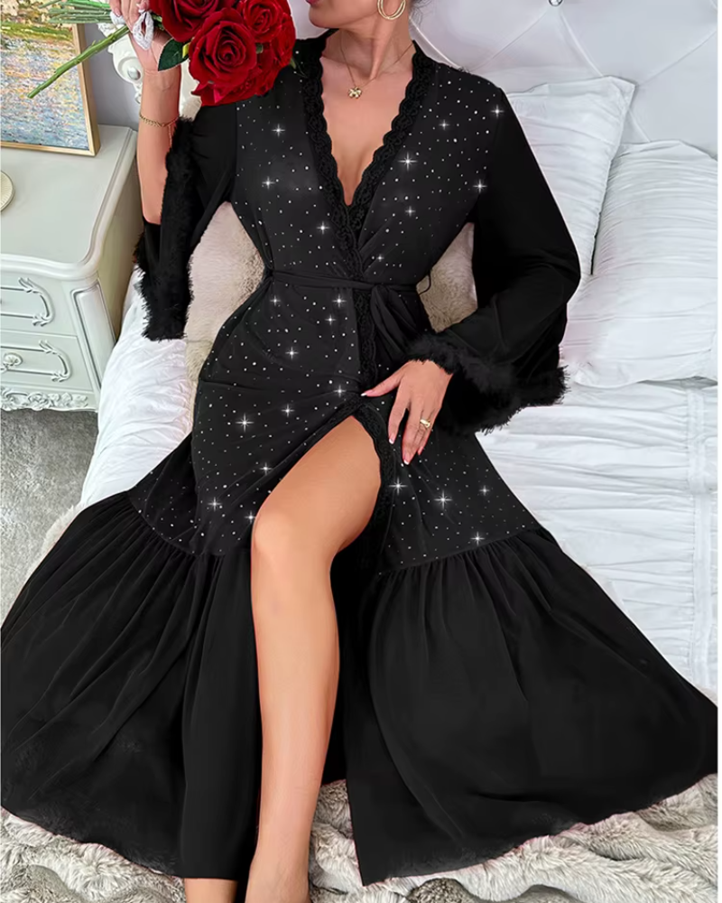 Elegant Long Sleeved Plush Sequined V-neck Shining Night Robe - Image 2