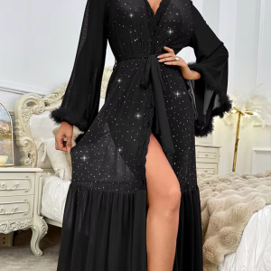 Elegant Long Sleeved Plush Sequined V-neck Shining Night Robe