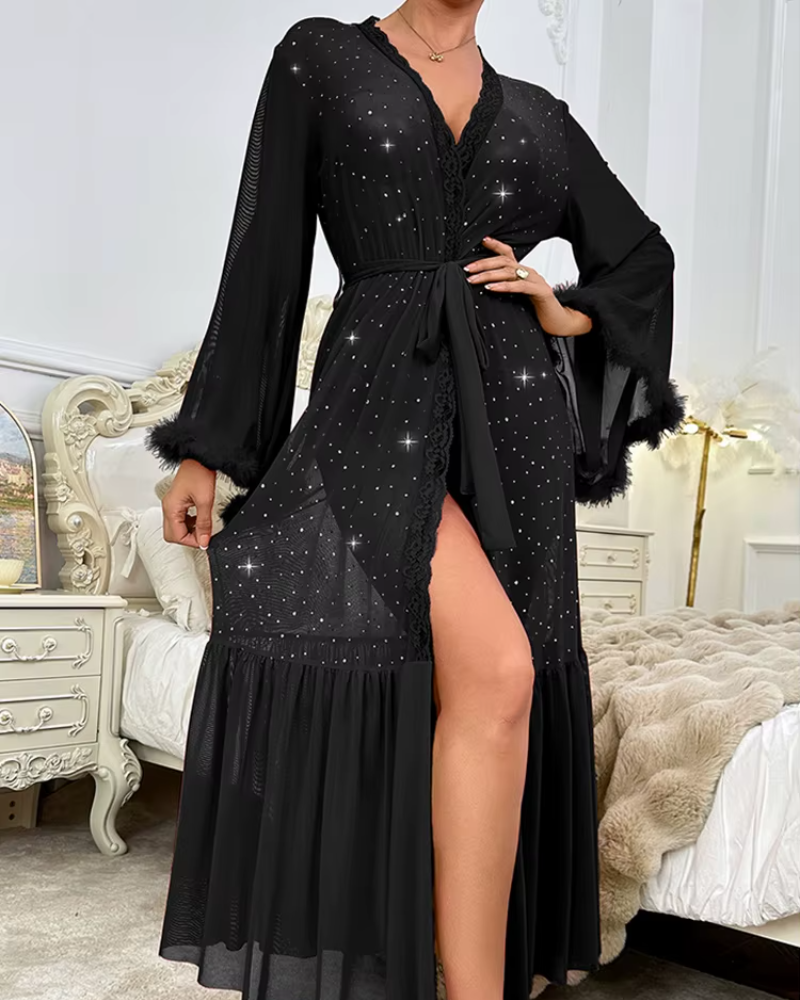 Elegant Long Sleeved Plush Sequined V-neck Shining Night Robe