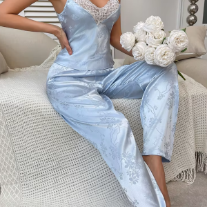 Elegant V-Neck Lace Trim Cami Top Pants Satin Pajamas Trouser Sets