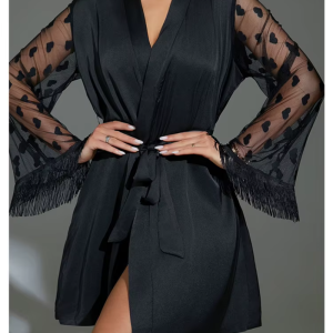 Elegant Heart Mesh Sleeve Dressing Ice Silk Nightgown Outer Robe