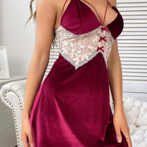 Velvet Pajamas V-Neck Backless Lace Splicing Slip Night Dress