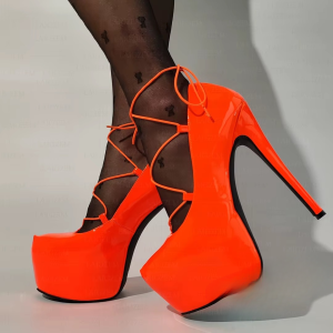 Elegant Lace up Slip On Handmade Pumps Round Toe Shiny Thin High Heels