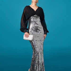 Luxury V Neck Panel Long Sleeved Sequin Mermaid Dress