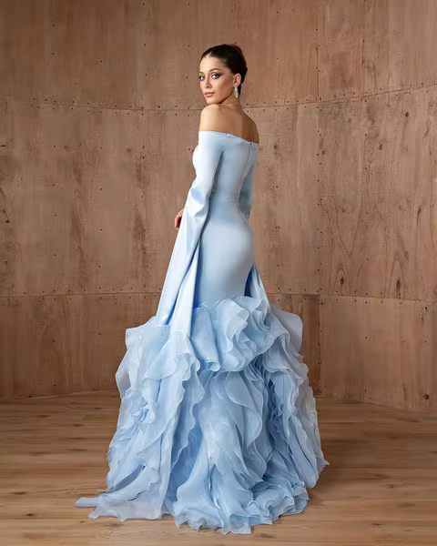 Elegant Ruched Bottom Boat Neckline Long Sleeves Maxi Dress - Image 3