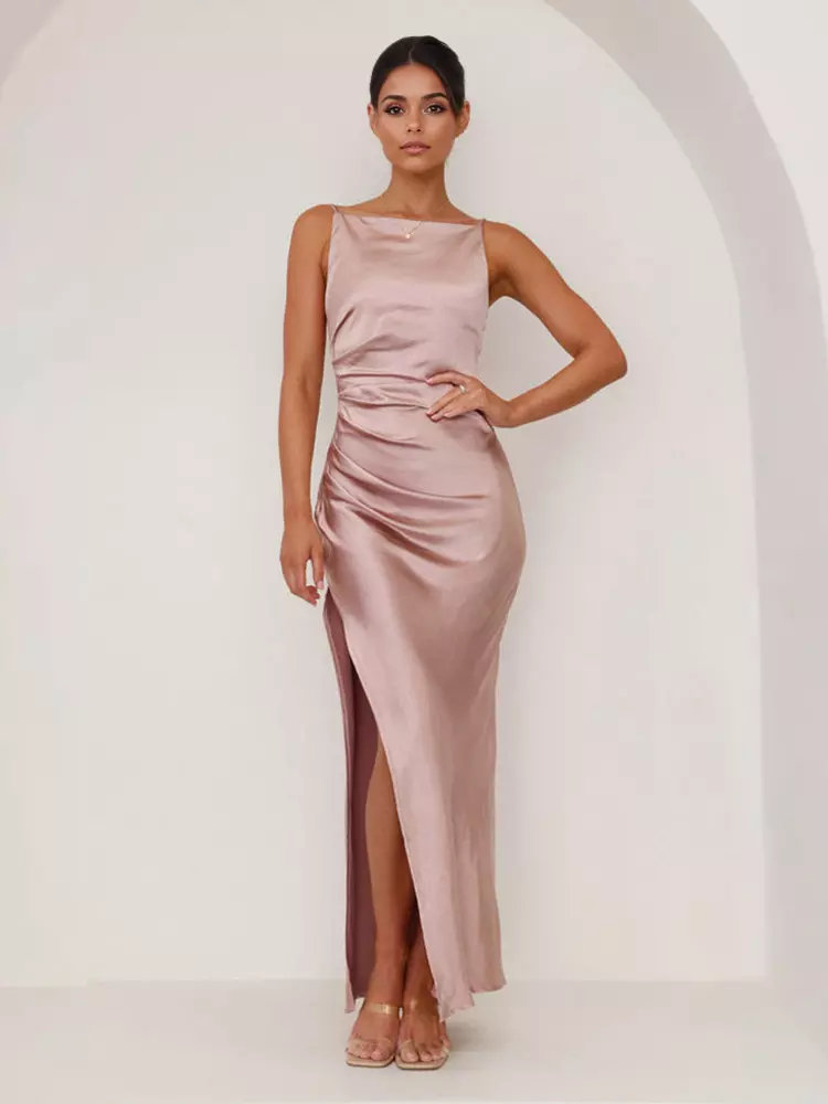 Elegant Open Back Open Shoulder Slit Sleeveless Maxi Dress