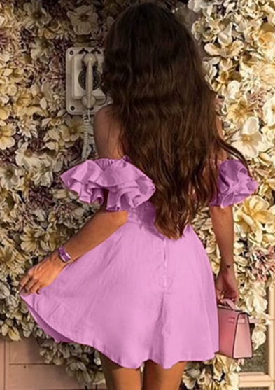 Elegant Slash Neck Short Sleeve Classic Pleated Mini Dress - Image 3