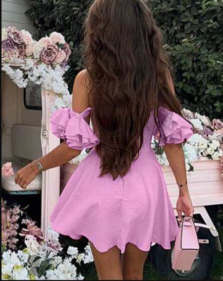 Elegant Slash Neck Short Sleeve Classic Pleated Mini Dress - Image 4