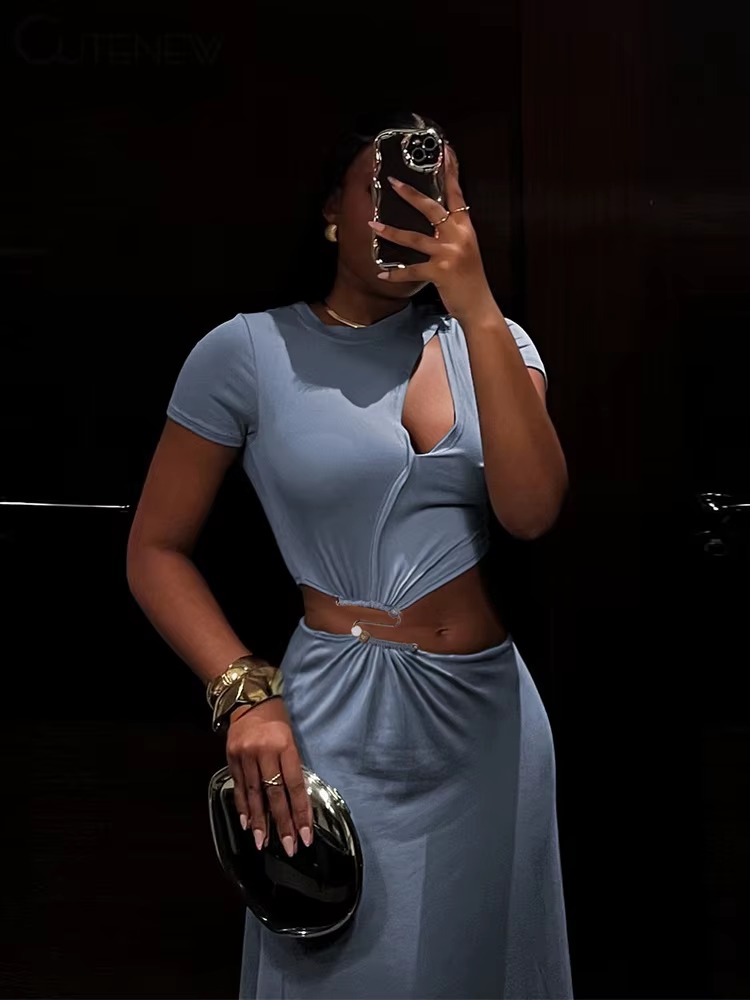 Classic Solid Chic Waistless Hollow Short Sleeve O-neck Simple Long Maxi Dress - Image 7