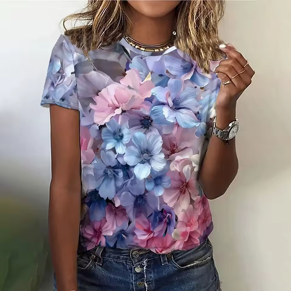 3d Floral Printing Casual Tees Print Oversized Pullover T-Shirts