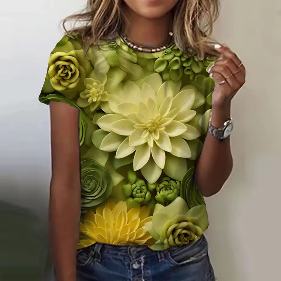 3d Floral Printing Short Sleeve Tees Basic Oversized Tops