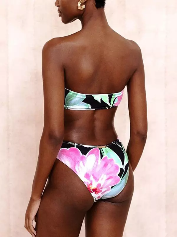 Bohemian Pleated Printed Ring Linked Bikini And Long Cover-up 3-piece Swimwear Set - Image 5