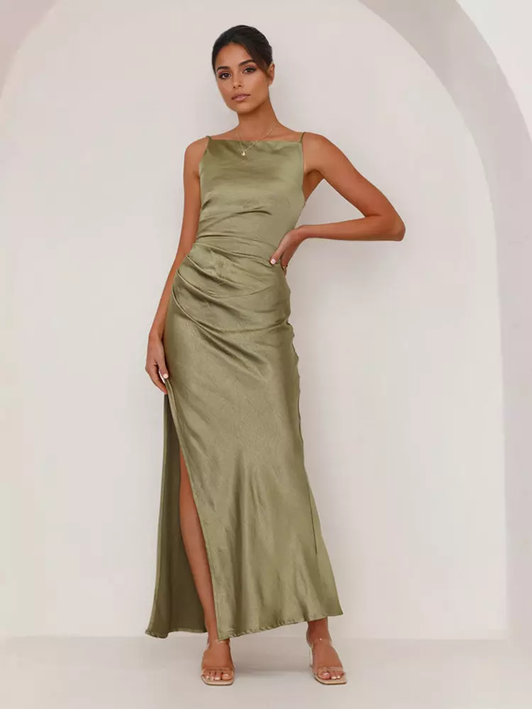 Elegant Open Back Open Shoulder Slit Sleeveless Maxi Dress - Image 9
