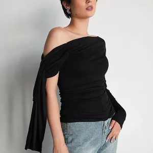 Asymmetrical One Shoulder Long Sleeve Ruched Tops