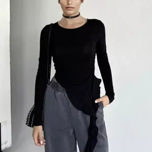 Asymmetrical Ruffle Hem Ruched Long Sleeve Crop Top