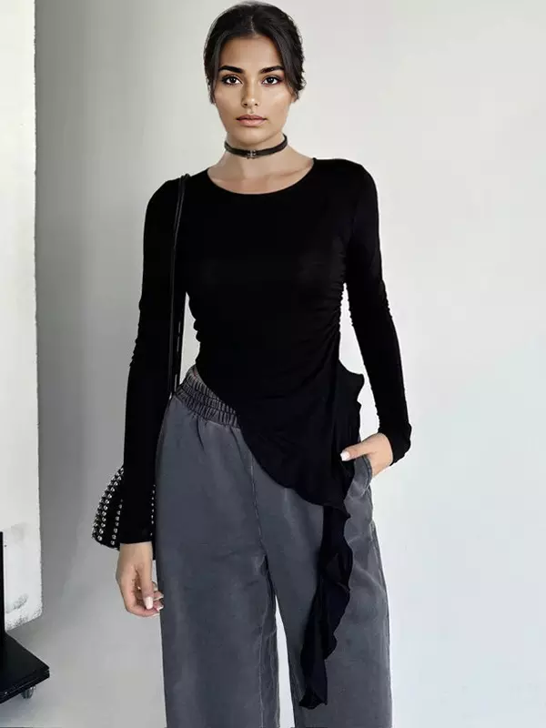 Asymmetrical Ruffle Hem Ruched Long Sleeve Crop Top