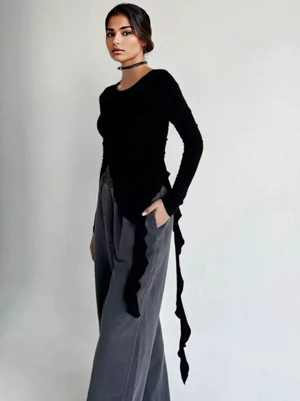 Asymmetrical Ruffle Hem Ruched Long Sleeve Crop Top - Image 2
