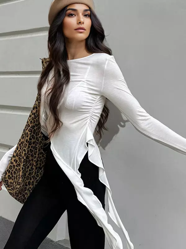 Asymmetrical Ruffle Hem Ruched Long Sleeve Crop Top - Image 3