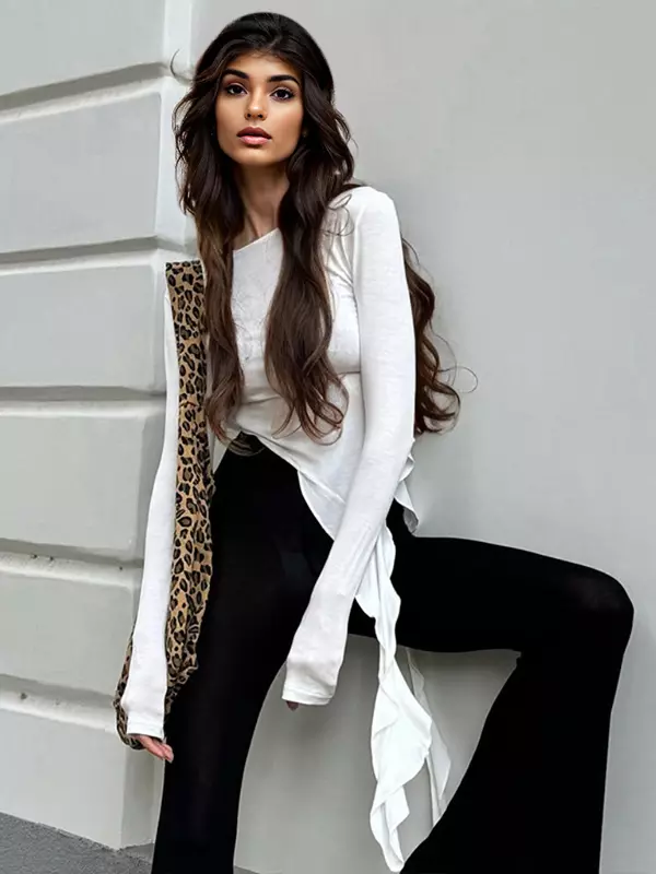 Asymmetrical Ruffle Hem Ruched Long Sleeve Crop Top - Image 4