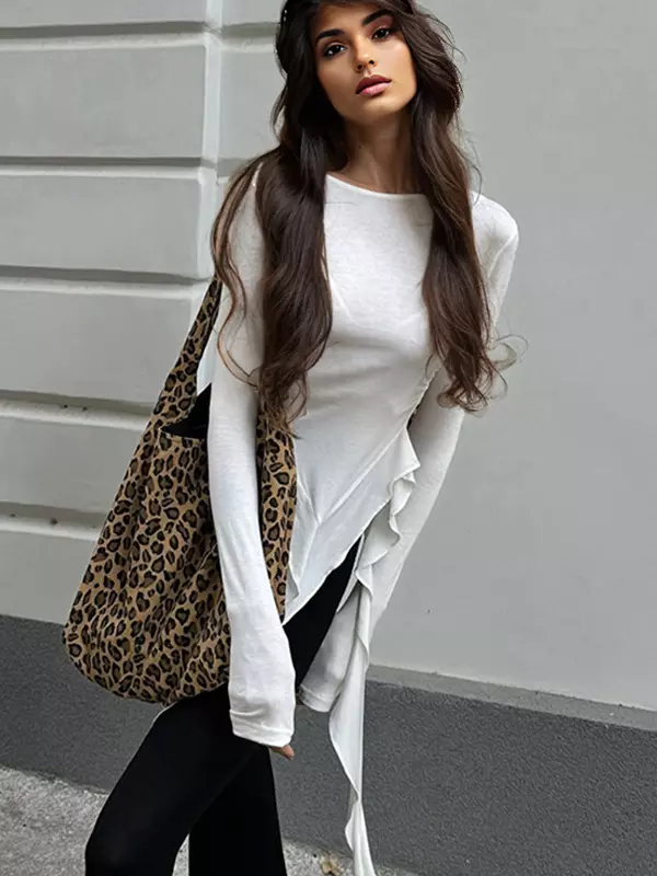 Asymmetrical Ruffle Hem Ruched Long Sleeve Crop Top - Image 5