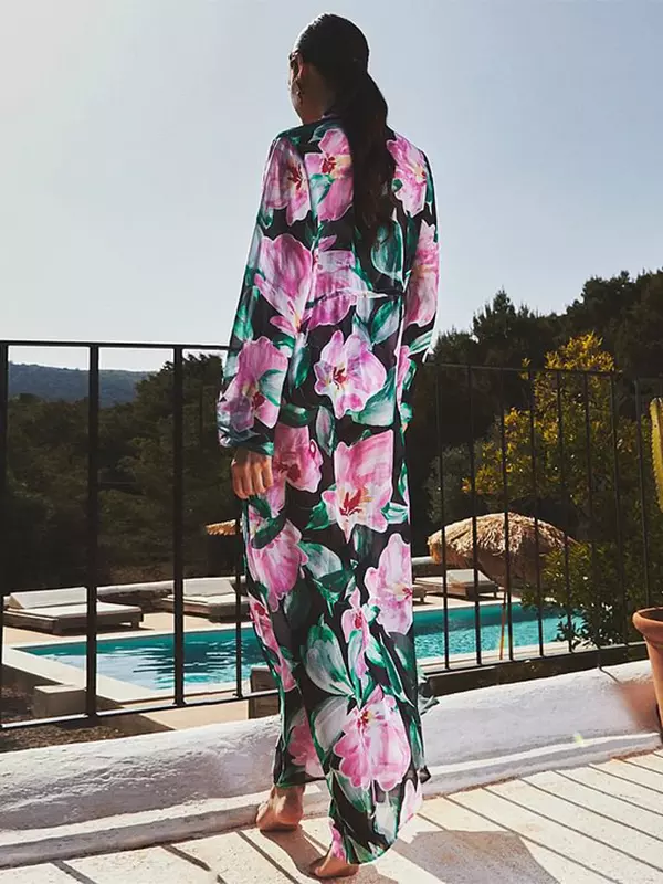 Bohemian Pleated Printed Ring Linked Bikini And Long Cover-up 3-piece Swimwear Set - Image 3