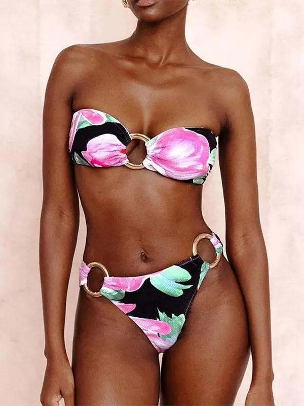 Bohemian Pleated Printed Ring Linked Bikini And Long Cover-up 3-piece Swimwear Set - Image 4