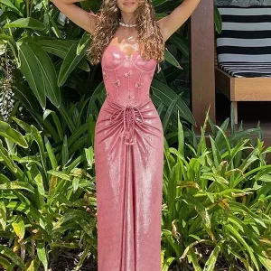 Butterfly Decoration Pink One-piece Swimsuit And Pleated Maxi Skirt Set
