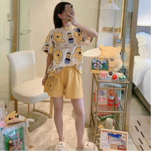 Cartoon Pooh Bear Print Thin Short-Sleeved Shorts Loose Top Pajamas Set